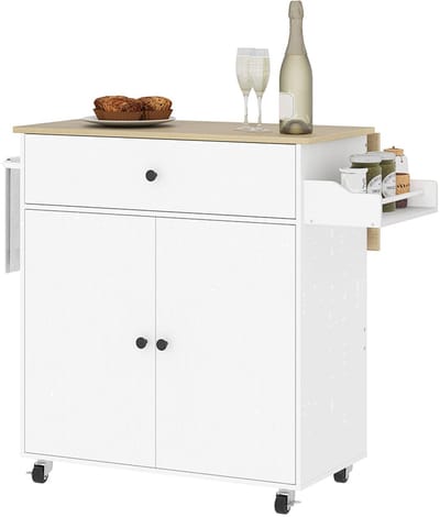 Pugsdrly - Keukentrolley - Met lade en opbergvak - Handdoekstang - Wit en eiken - 106x42x87 cm