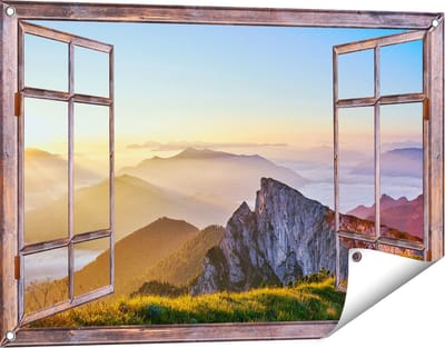 Gards Tuinposter Doorkijk Zonsopkomst in de Bergen in de Alpen - 90x60 cm - Tuindoek - Tuindecoratie - Wanddecoratie buiten - Tuinschilderij