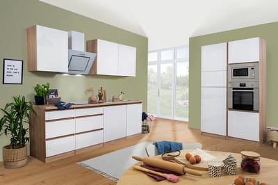 Goedkope keuken 345 cm - complete keuken met apparatuur Lorena - Eiken/Wit - soft close - keramische kookplaat - vaatwasser - oven - magnetron - spoelbak