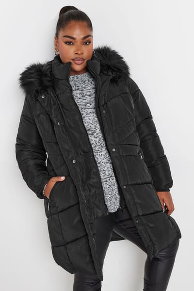 Yours Gewatteerde Midijas Met Capuchon Met Rand Van Imitatiebont In Zwart Size 42