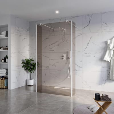 FugaFlow Eccelente Vetro Vrijstaande inloopdouche badkamer - 110x200cm - Rookglas - antikalk - 8mm veiligheidsglas - 2 zijwanden 40cm - met wandarmen en hoekprofielen - Wit mat -