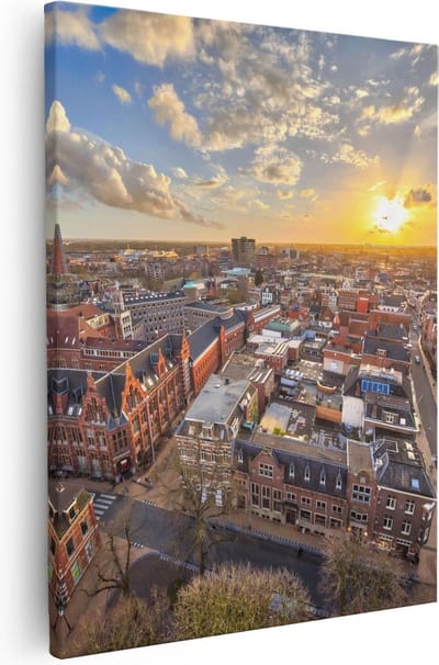 Artaza Canvas Schilderij Skyline - 40x50 cm - Wanddecoratie Zonsondergang - Muurdecoratie Groningen - Kamer Accessoires Stad