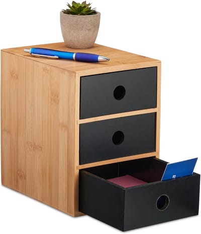 Famanu – Bureau organizer met 3 ruime lades – bamboe & MDF – 21x15x20 cm (naturel/zwart)