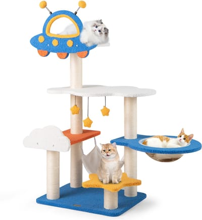 COSTWAY Krabpaal klein, ruimtethema, kattenboom met UFO-platform, speelgoed, sisal-krabzuilen, hangmat & ruimtecapsule, kattenkrabpaal, kattenmeubel, klimboom, blauw