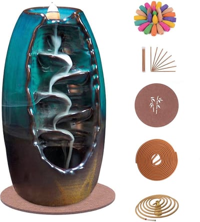 LotaHome - Wierook Waterval - Wierookbrander - Wierook Houder - Complete set - Met 120 Geur Kegels, 30 Wierook Stokjes, 40x Wierook Spiraal, 1 Onderlegger, 1 Spiraal Houder - Cadeau - Kegelbrander Houder - Aromatherapie - Geur Brander - Turquoise