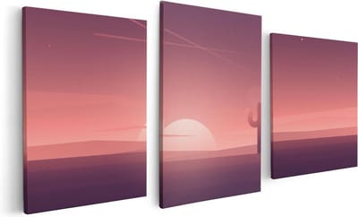 Artaza Canvas Schilderij Drieluik Zonsondergang In De Woestijn Met Een Cactus - 120x60 - Foto Op Canvas - Canvas Print