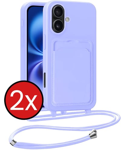 Hoesje Geschikt voor iPhone 16 Plus Hoesje Met Telefoonkoord en Pasjeshouder Siliconen - Hoes Geschikt voor iPhone 16 Plus Hoesje Met Kaarthouder Case - Lila - 2 PACK