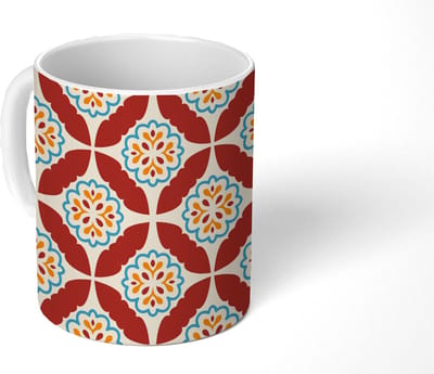 Mok - Koffiemok - Bloemen - Tegel - Patroon - Mokken - 350 ML - Beker - Koffiemokken - Theemok