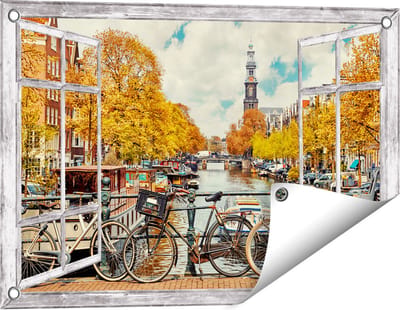Gards Tuinposter Doorkijk Amsterdamse Brug bij een Brug met Fietsen - 60x40 cm - Tuindoek - Tuindecoratie - Wanddecoratie buiten - Tuinschilderij