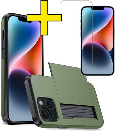 Hoesje Geschikt voor iPhone 14 Hoesje Case Pashouder Hard Cover Met Screenprotector - Hoes Geschikt voor iPhone 14 Hoesje Met Kaarthouder - Donkergroen