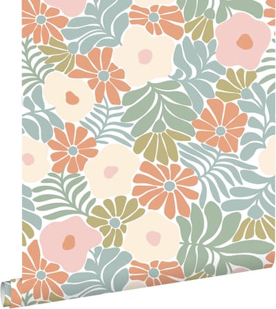 ESTAhome behang bloemen in Matisse stijl turquoise, oranje, olijfgroen en beige - 53 cm x 10.05 m - 131004