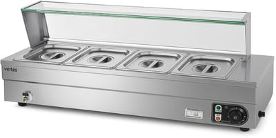 VERTES Gerechtenverwarmer Buffetverwarmer Warmhoudbak voor gerechten Elektrisch 1500 W van roestvrij staal (incl. 4 x 1/2 GN-bakken met deksel, 10 l, aftapkraan, glazen afdekking, bain-marie, 30-85 °C)