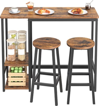 VASAGLE - Bartafel - Tafel met Planken - Stalen Frame - Inclusief Keukenstoelen