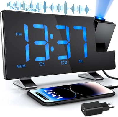 Projectiewekker met USB-aansluiting en Projectieweergave - Helderheidsniveaus Instelbaar - Moderne Radiowekker met Tijdprojectie - Slaapkamer Wekker met USB Oplaadfunctie