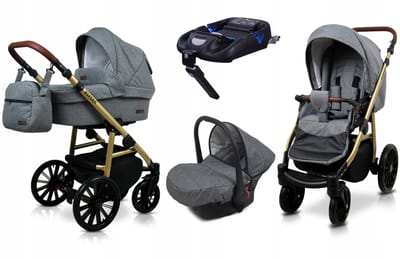 BabyLux® Kinderwagen 4in1 – ASPERO - GREY FLEX - Opklapbare Wandelwagen incl. Reiswieg, Multifunctionele Buggy Sportstoel, Autostoel, ISOFIX basisstation - Combi-kinderwagen met Luiertas, Regenhoes, Klamboe