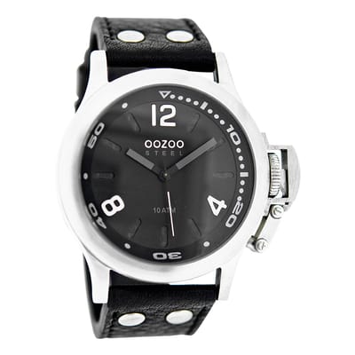 OOZOO Timepieces - Zilverkleurige horloge met zwarte leren band - OS328