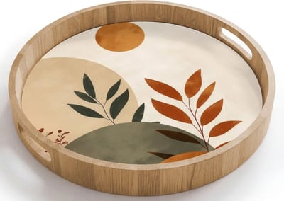 Dienblad rond 40x40 cm - Schootdienblad hout - Vormen - Rond - Bladeren - Beige - Borrelplank rechthoek - Plateau houten dienbladen