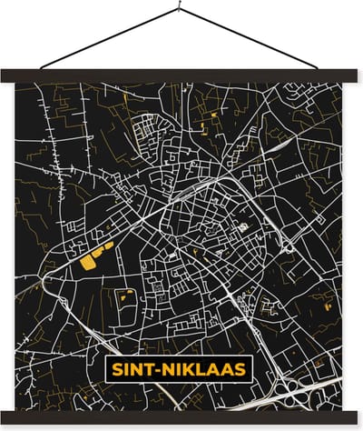 Posterhanger incl. Poster 60x60 cm - Schoolplaat - Sint-Niklaas - Plattegrond - Stadskaart - Goud - Kaart - Textielposter - Zwarte latten - Stadskaart