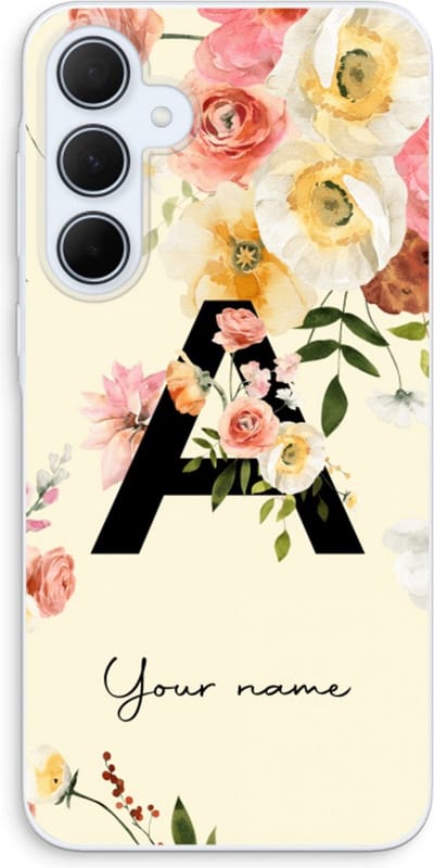 Gepersonaliseerd - Case Company® - Hoesje geschikt voor Samsung Galaxy A35 hoesje - Flirty Flowers Monogram - Soft Cover Telefoonhoesje - Bescherming aan alle Kanten en Schermrand