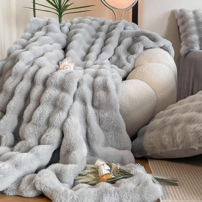 Luxe Knuffeldeken van Pluche Nepbont - Zacht en Warm Bed- en Bankkleed (Lichtgrijs, 130 x 160 cm)