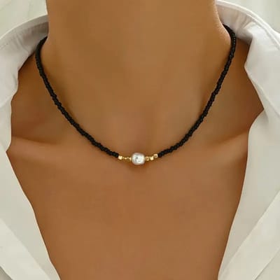 Bovista Ketting - Dames - Staal - Nep zilver - Met Hanger - Zwart