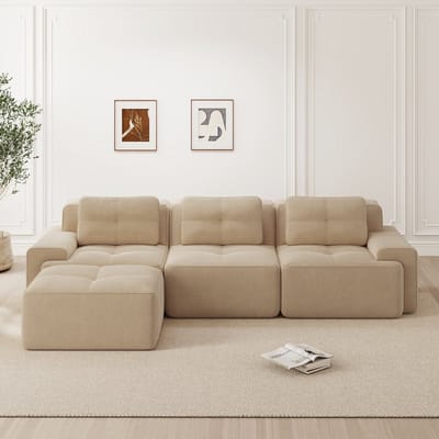 L-vormige 3-zitsbank - modulaire bank met voetenbank - corduroy Cloud bank - voor de woonkamer - kant-en-klare bank - beige