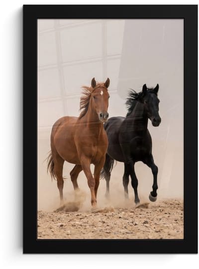 Poster in lijst - Fotolijst 20x30 cm - Posters - Kudde paarden - Stofwolk - Bruin - Zwart - Posterlijst zwart - Decoratie - Wanddecoratie woonkamer - Muurdecoratie slaapkamer