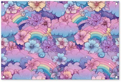 Tuinposter 90x60 cm - Tuindecoratie Regenbogen - Bloemen - Kleurrijk - Wolken - Poster voor in de tuin - Buiten decoratie - Schutting tuinschilderij - Tuindoek muurdecoratie - Wanddecoratie balkondoek