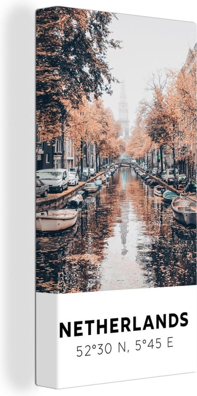 Canvas Schilderij Nederland - Amsterdam - Gracht - Herfst - 20x40 cm - Wanddecoratie