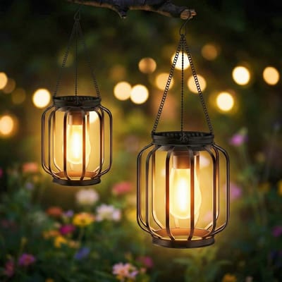 Zonne-energie Hanglampen, 2 Stuks, Metalen Lantaarns met Grote LED Lamp, Tuinverlichting voor Patio, Balkon en Tuin