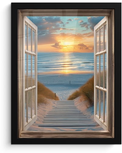 Poster in lijst - Fotolijst 30x40 cm - Posters - Doorkijk - Strand - Pad - Zonsondergang - Posterlijst zwart - Decoratie - Wanddecoratie woonkamer - Muurdecoratie slaapkamer