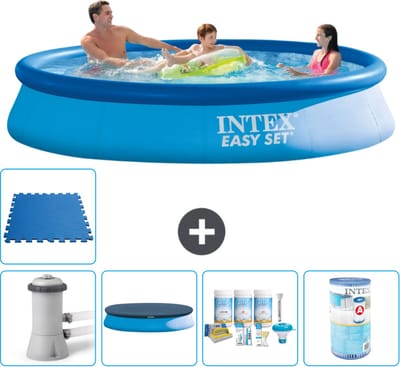 Intex Rond Opblaasbaar Easy Set Zwembad - 366 x 76 cm - Blauw - Inclusief Pomp - Afdekzeil - Onderhoudspakket - Filter - Vloertegels - 6-delig