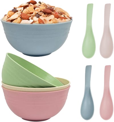 4 stuks onbreekbare mueslikommen, vaatwasmachine- en herbruikbare slakom, campingsnack, pastakommen met 4 lepels voor snack, ontbijt, diameter 15 cm, 700 ml