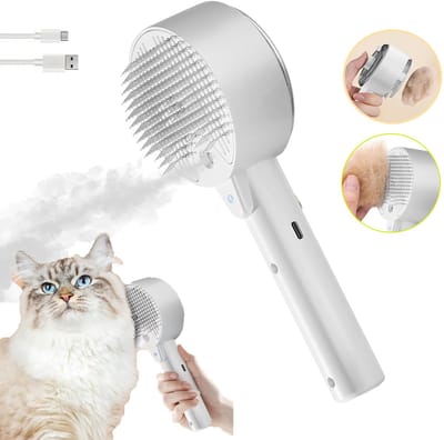 Kattenkam Met Stoomfunctie En Gebogen Roestvrijstalen Tanden - 2 Sproeistanden 30 ml Reservoir - Automatische Pauze Reiniging Met één Druk Op De Knop - Zachte Massageborstel Voor Katten Met Lang En Kort Haar - Wit