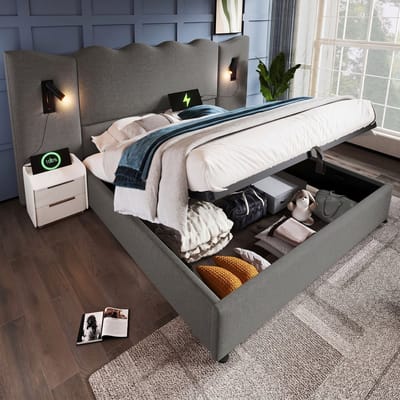 VVBV Gestoffeerd Opbergbed 160x200 cm - USB-C, Hydraulische Opbergruimte, Lattenbodem, Leeslamp, Nachtkastje, Zonder Matras