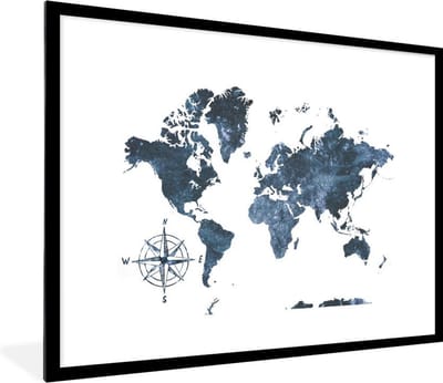 Poster in lijst - Fotolijst 80x60 cm - Posters - Wereldkaart - Blauw - Wit - Posterlijst zwart - Decoratie - Wanddecoratie woonkamer - Muurdecoratie slaapkamer
