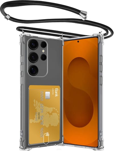 Hoesje Geschikt voor Samsung S25 Ultra Hoesje Met Telefoonketting Pasjeshouder Shockproof Case Koord - Hoesje Geschikt voor Samsung Galaxy S25 Ultra Hoes Met Kaarthouder - Transparant