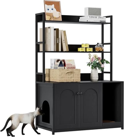 Kattenbak Meubel met Opbergrekken - Groot Litter Box Cabinet 132 cm - Met Deuren - Boekenrek & Kattenmeubel - Zwart - 90x45x132CM