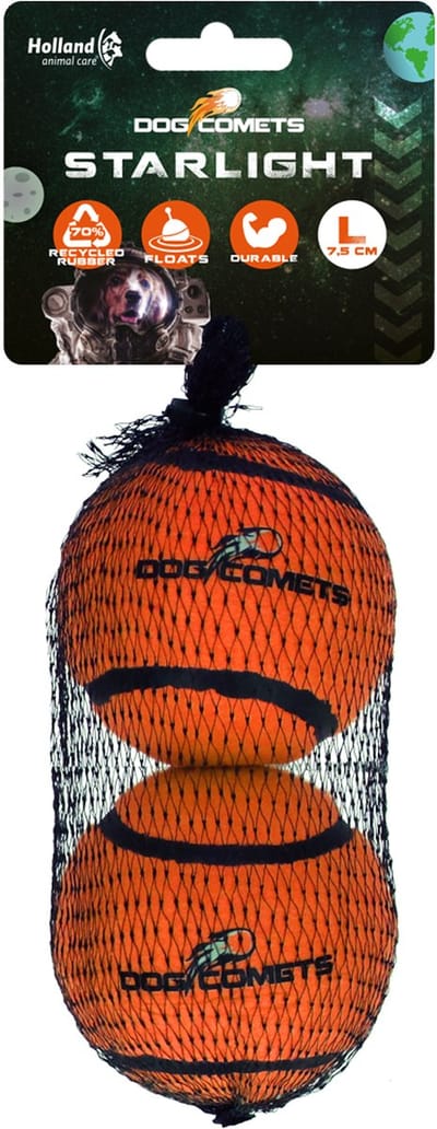 Dog Comets Starlight Tennisbal - Ø 7,5 cm - Hondenbal - Drijvend Hondenspeelgoed - Stuiterend Hondenspeeltje - Oranje - 2 stuks