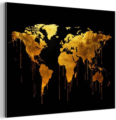 Aluminium schilderij 120x90 cm - Wanddecoratie metaal - Wereldkaart - Goud - Druipen - Zwart - Metalen muurdecoratie woonkamer - Decoratie industrieel - Foto op dibond - Industriële accessoires slaapkamer