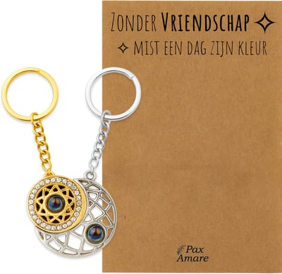 BFF Sleutelhanger voor 2 'Zonder Vriendschap mist een dag zijn kleur' - Rondjes ILY IN 100 TALEN - Sleutelhanger set op Cadeau Kaartje - Goudkleurig & Zilverkleurig - Vriendschap Symbool - Pax Amare