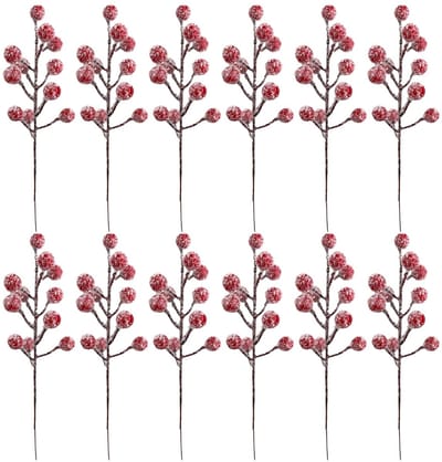 Dailygoods- Hulstbessen 12 stuks - Kunstmatige Bessenstelen - Besneeuwd - Kerstdecoratie - Valentijn DIY - Winter Woondecoratie - 7,8 inch lengte