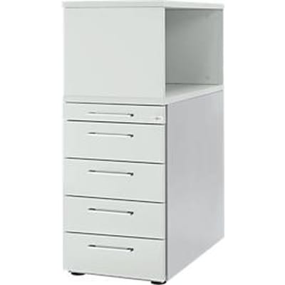Schäfer Shop Genius Hoog ladeblok met open kast, afsluitbaar, B 435 x D 800 x H 1092 mm, met vierkante handgreep, lichtgrijs/lichtgrijs