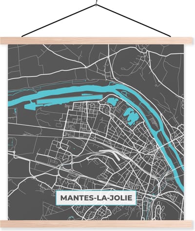 Posterhanger incl. Poster 40x40 cm - Schoolplaat - Mantes-la-Jolie - Plattegrond - Frankrijk - Kaart - Stadskaart - Textielposter - Blanke latten - Stadskaart