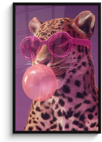 Poster in lijst - Fotolijst 80x120 cm - Posters - Panter - Zonnebril - Kauwgombel - Roze - Posterlijst zwart - Decoratie - Wanddecoratie woonkamer - Muurdecoratie slaapkamer