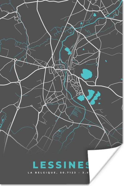 Poster België – Lessines – Stadskaart – Kaart – Blauw – Plattegrond - 120x180 cm XXL