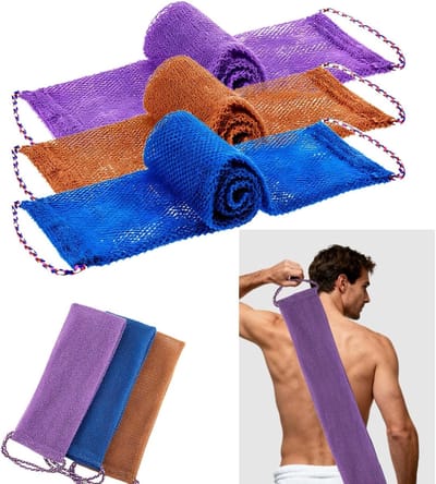 Langwerpige Bad Spons met Touwhandvatten, Perfect voor Lichaamspeeling en Rugreiniging (Paars, Blauw, Bruin)