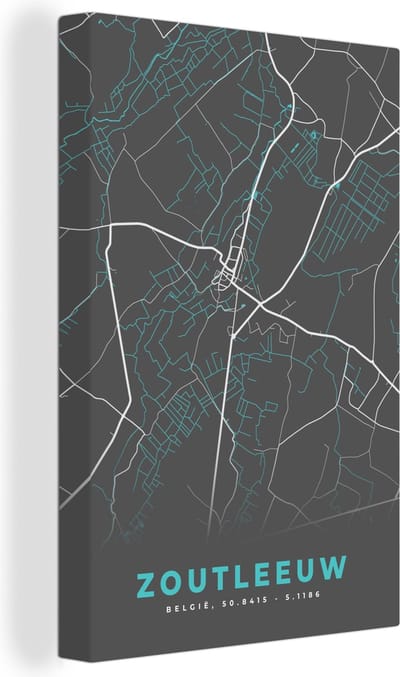 Canvas Schilderij België – Zoutleeuw – Stadskaart – Kaart – Blauw – Plattegrond - 20x30 cm - Wanddecoratie