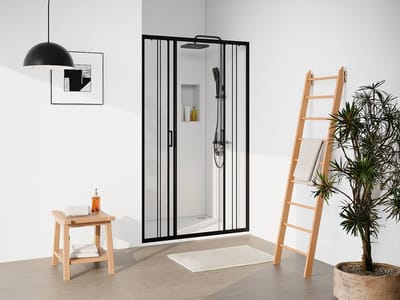 Vente-unique Dubbele schuifdeur voor douche in mat zwart metaal - Kalkwerend glas - 120 x 195 cm - BAVIODA