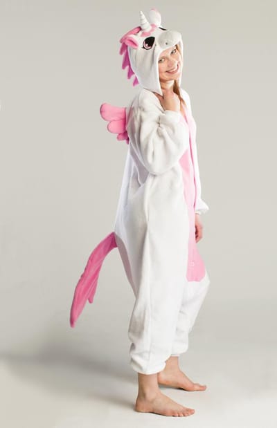 KIMU® Onesie Wit Roze Pegasus Pak - Maat M-L of 170-176 - Eenhoornpak Kostuum Eenhoorn Unicorn - Jumpsuit Huispak Dierenpak Pyjama Dames Heren Festival